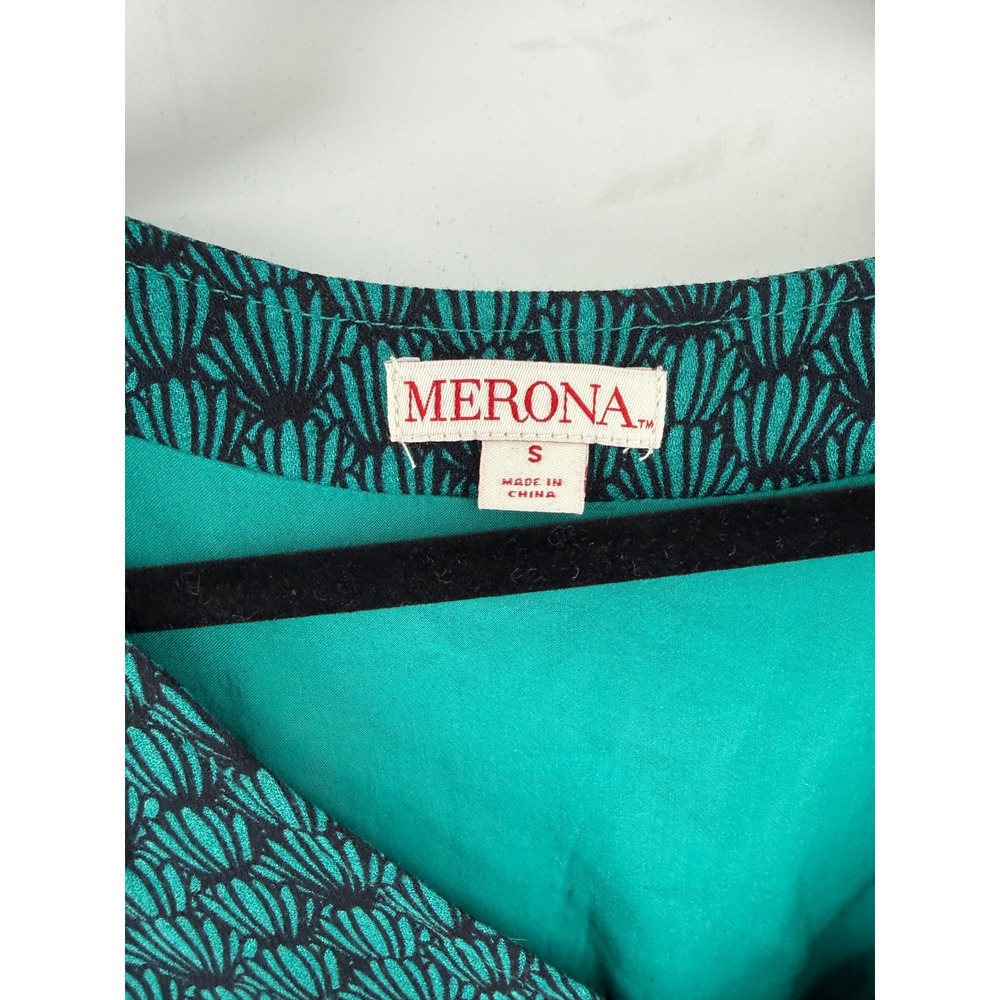 Merona Dress Womens S Teal Green Rayon Shell Print V-Neck Coastal Chic Mini - Picture 3 of 6